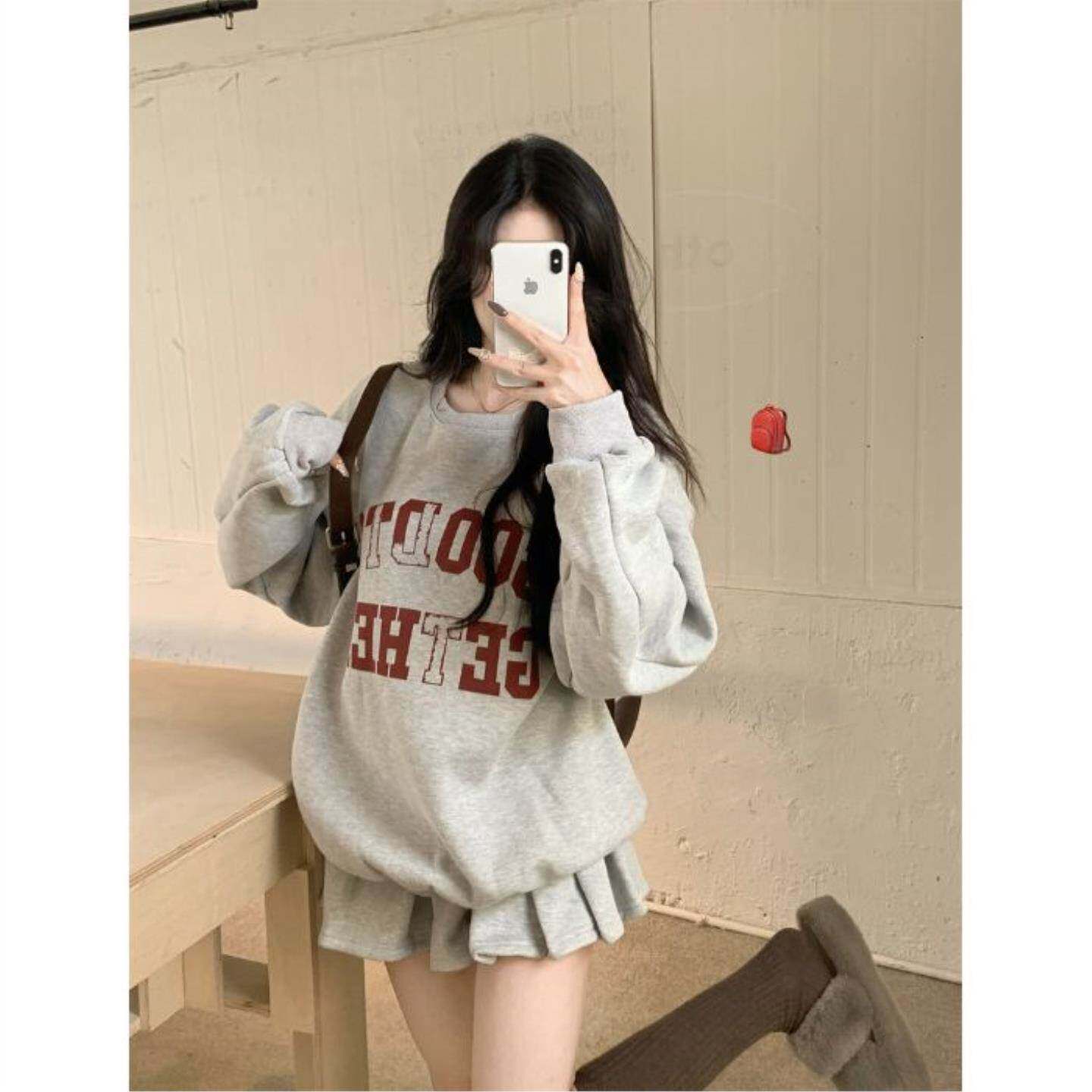 美式复古卫衣套装女早秋季慵懒宽松甜美灰色高腰百褶裙子