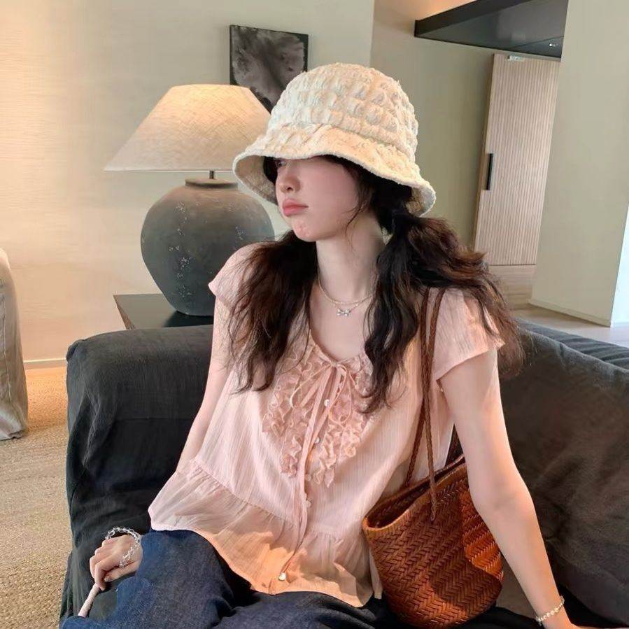 粉色设计感花边短袖衬衫女夏蝴蝶结宽松V领上衣显瘦衬衣