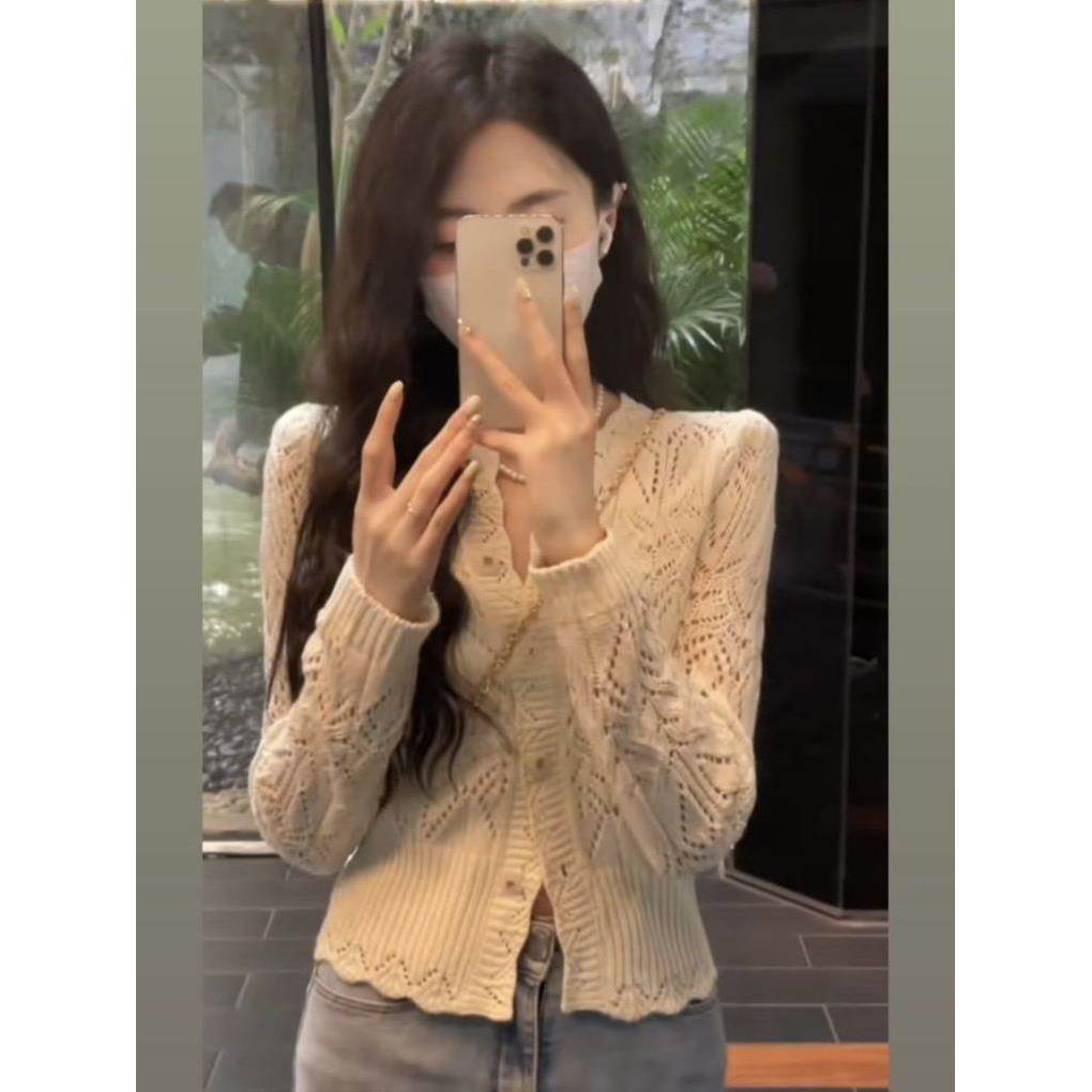 法式钩花针织衫春款女2026小众设计白色开衫镂空新款单排上衣外套