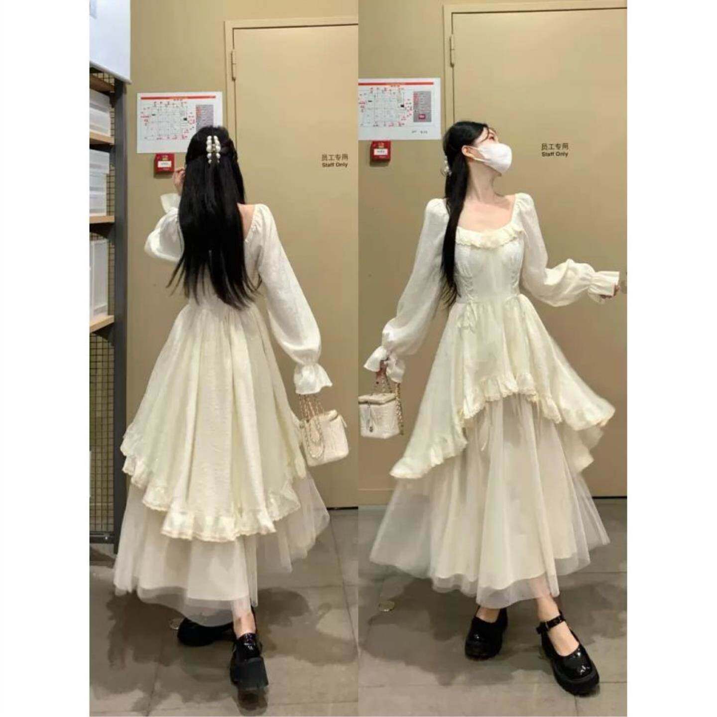 大码温柔风甜美公主长袖连衣裙女春春季胖MM显瘦不规则网纱长裙子