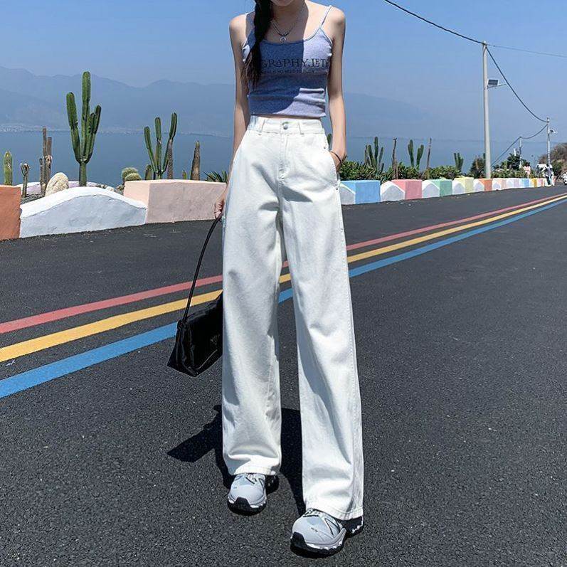 白色阔腿牛仔裤女夏季高腰显瘦新款韩版宽松垂感直筒拖地裤加长版