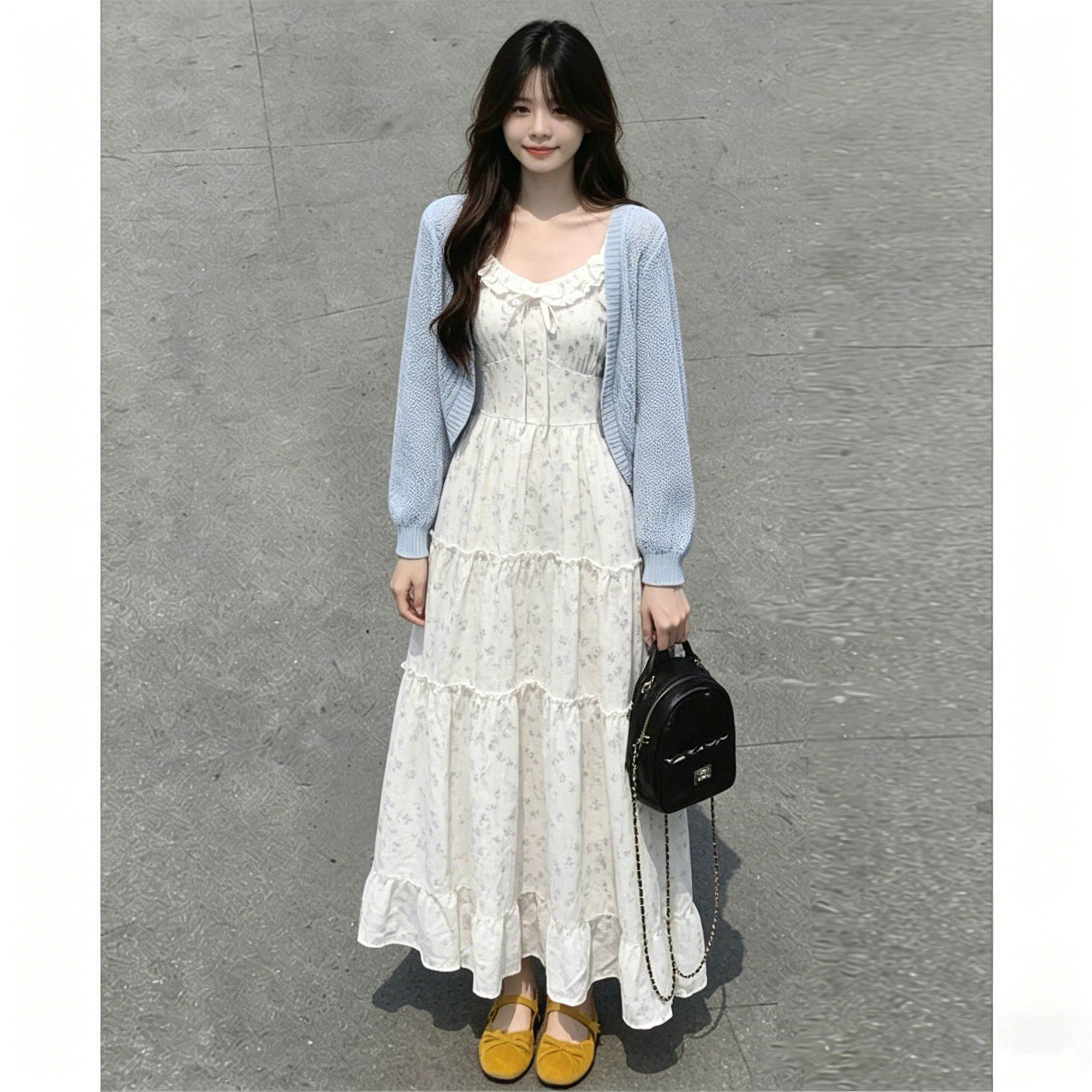 韩系甜美碎花吊带连衣裙女夏季新款缕空绑带开衫温柔气质长裙套装