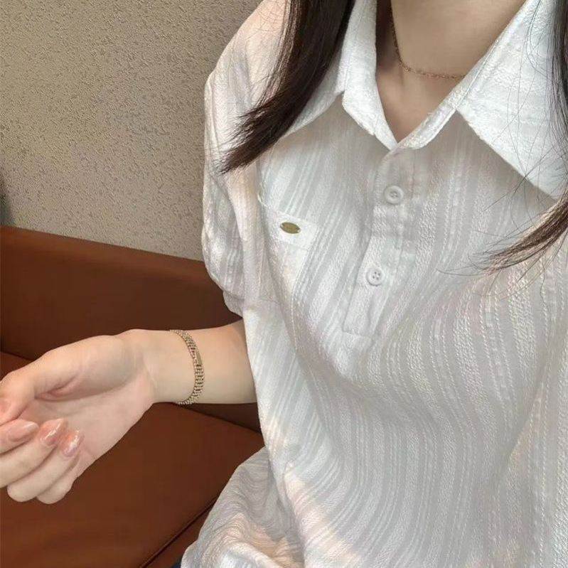 美式拼接polo领白色短袖衬衫女夏季修身显瘦设计感百搭慵懒上衣