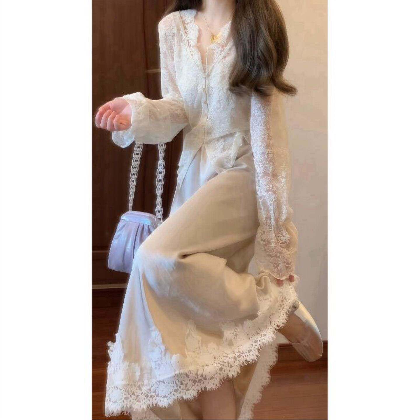 镂空蕾丝长袖衬衫上衣缎面花边松紧腰半身裙教师