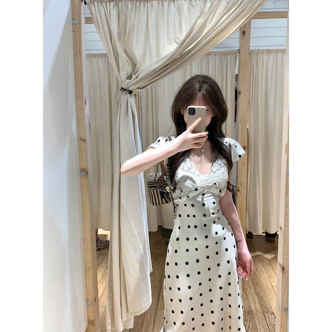 纯欲蕾丝花边波点V领连衣裙女装夏季修身收腰直筒裙长裙优雅时尚