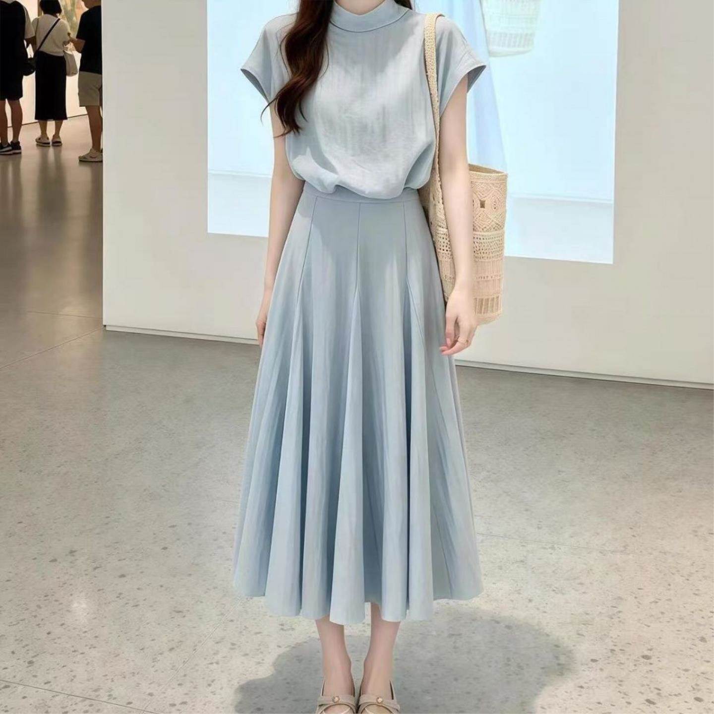 韩风chic蓝色半高领短袖上衣半身裙女夏季气质两件套装松弛感穿搭