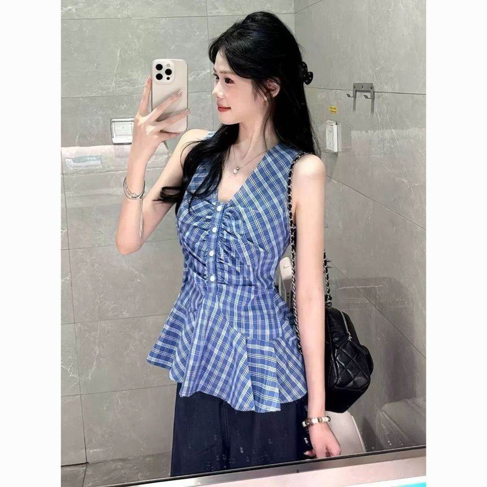 韩系挂脖V领无袖吊带背心女设计感收腰气质格子衬衫上衣夏季新款