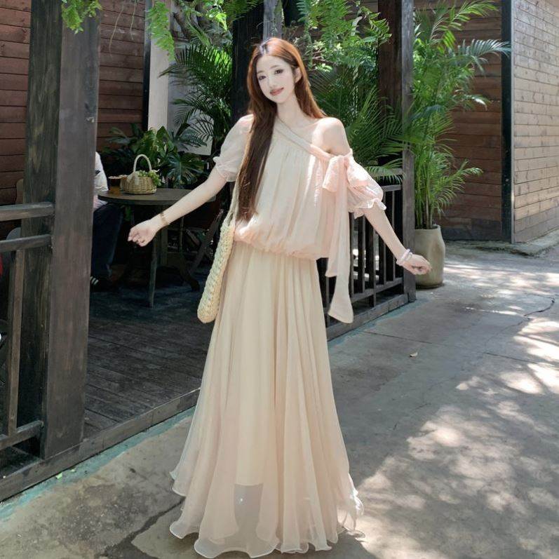 2026夏季新款大码套装天丝露肩上衣蝴蝶结+天丝半身裙两件套度假