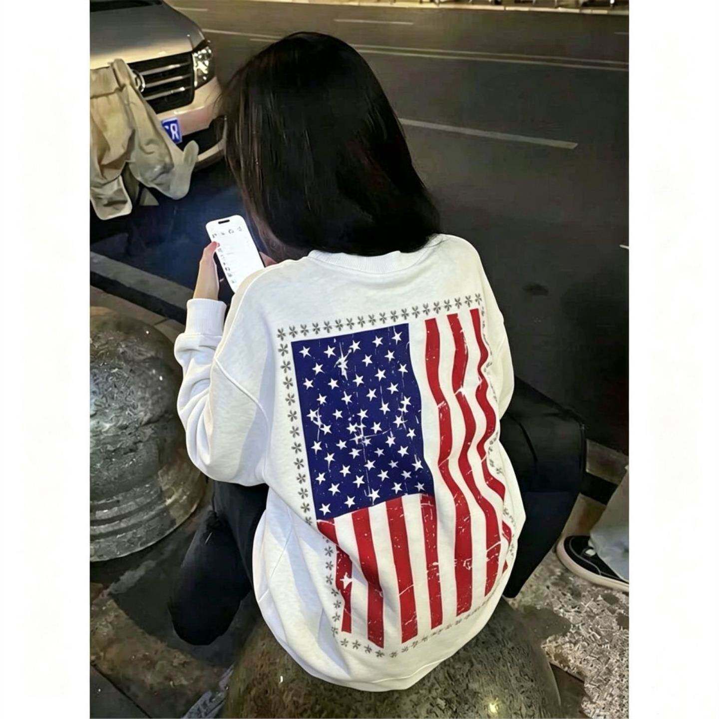 美式复古做旧国旗印花圆领卫衣女春夏宽松落肩高街潮牌无字母上衣