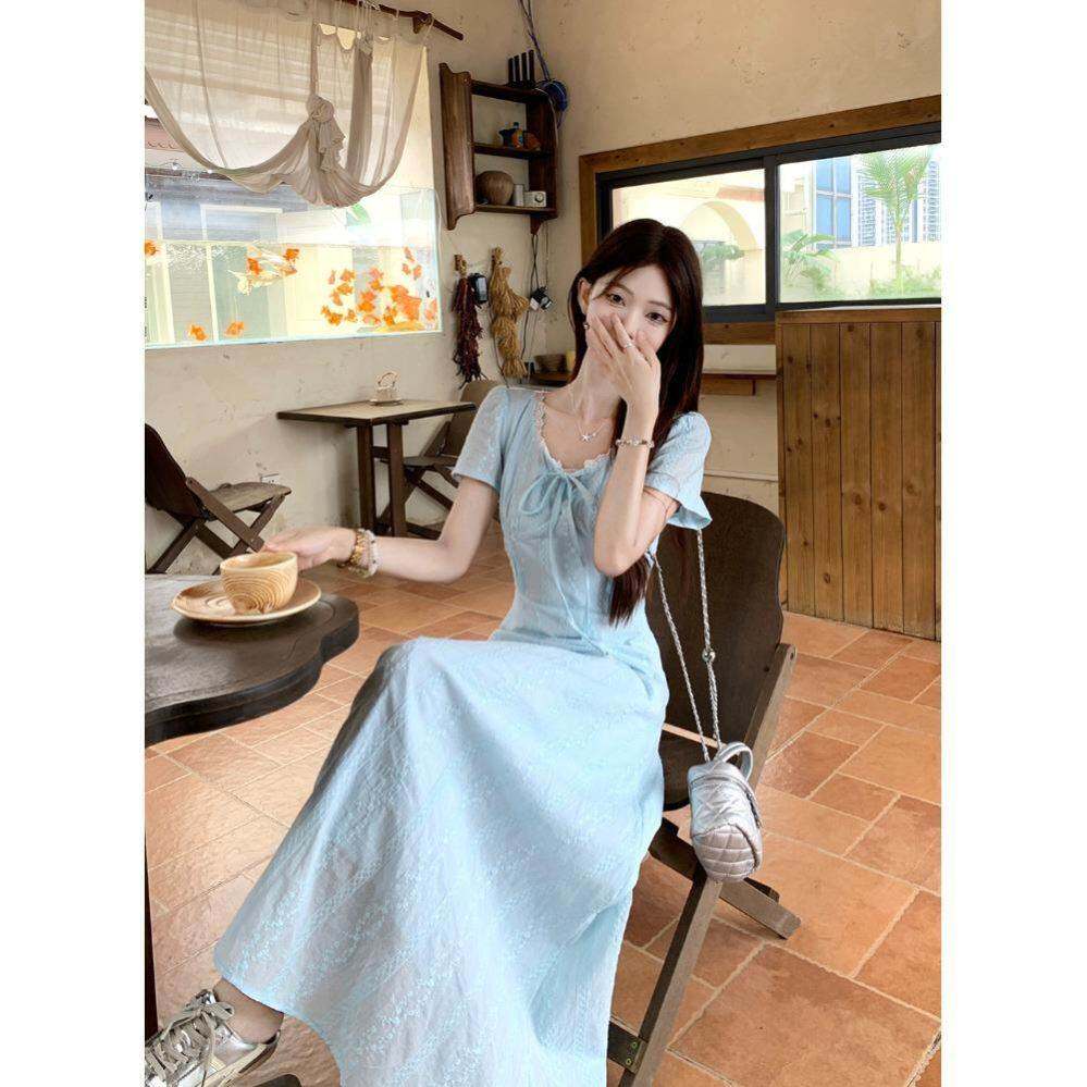 韩系温柔风蕾丝拼接短袖连衣裙女夏季蓝色假两件气质收腰a字短裙