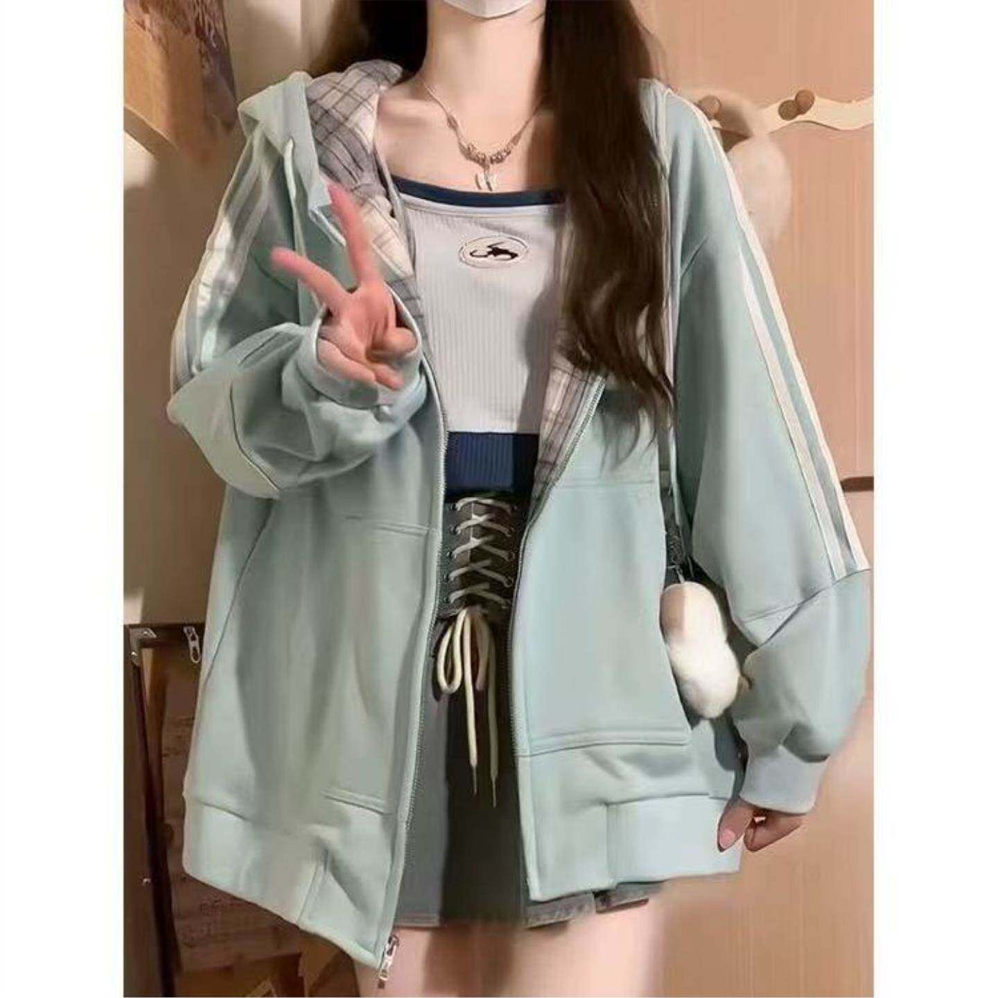拼接格子学院风开衫卫衣女春秋薄款宽松慵懒风设计感小众宽松外套