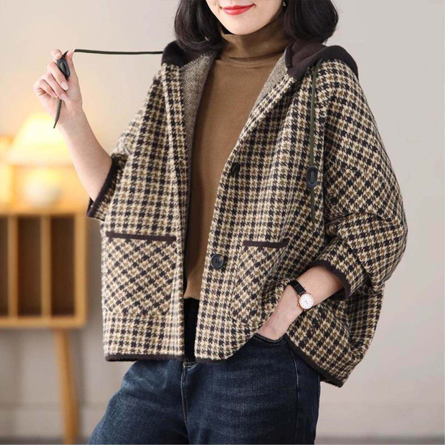 复古休闲宽松连帽格子外套女千鸟格毛呢韩版显瘦蝙蝠袖短款开衫厚