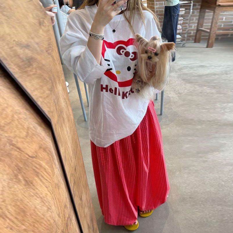 2026新款kt猫衣服套装红色防晒衫两件套宽松长款棉麻格子带束脚裤