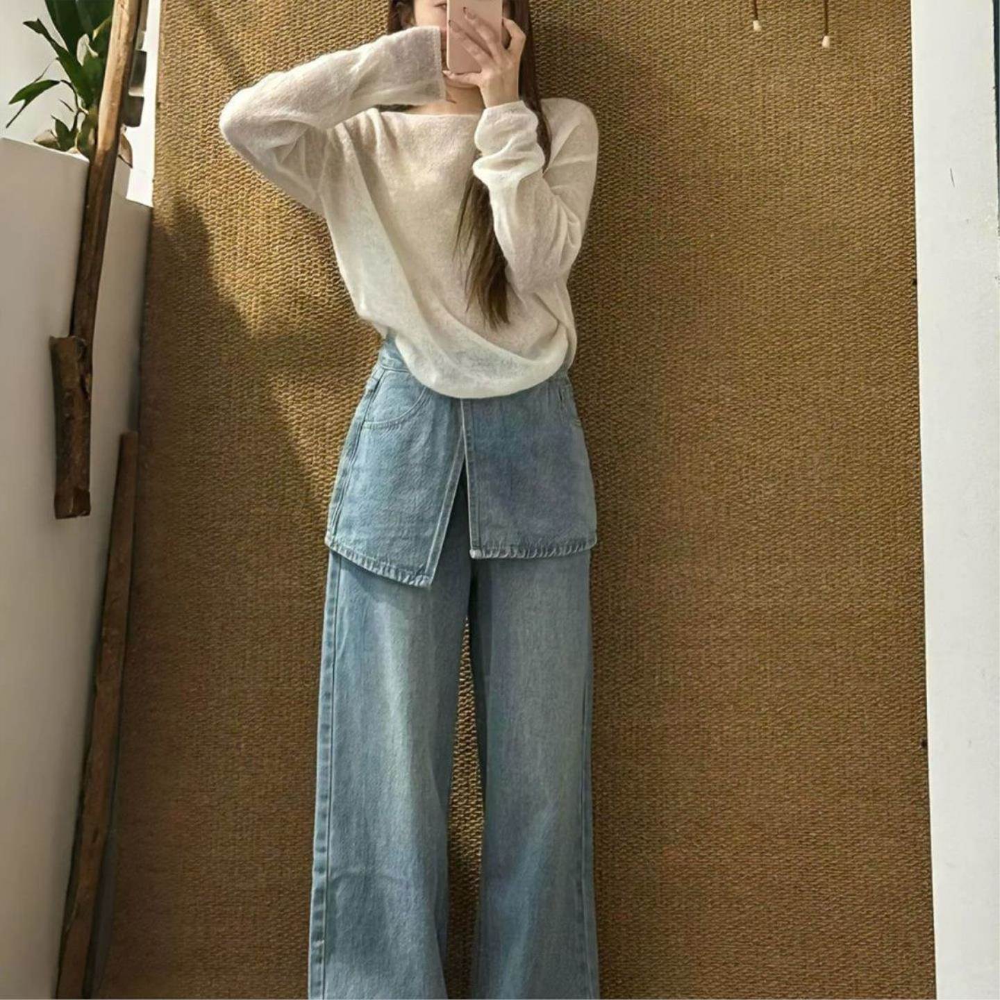 春季穿搭一整套大码胖mm薄款针织衫屁帘牛仔裤韩系松弛好看套装女图片