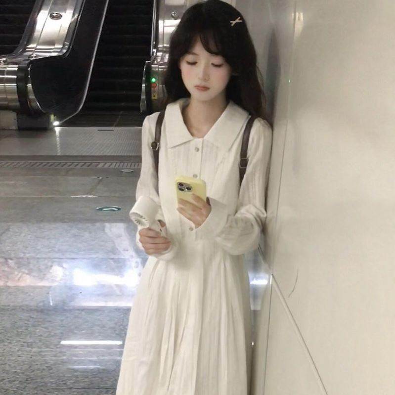 法式温柔白色长袖衬衫连衣裙子女2026新爆款春季绝美气质收腰长裙
