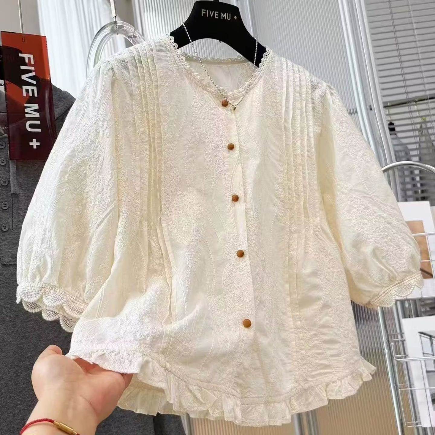韩系独特花边圆领短款衬衫漂亮小衫女秋季巨好看的短袖上衣娃娃衫