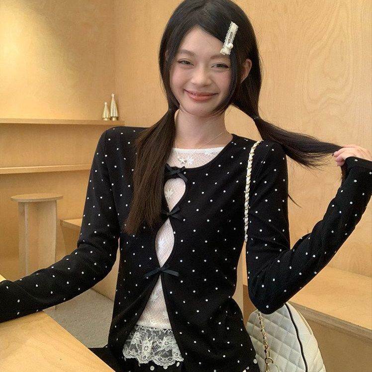 黑色波点假两件长袖t恤女春季修身内搭蕾丝拼接设计感上衣