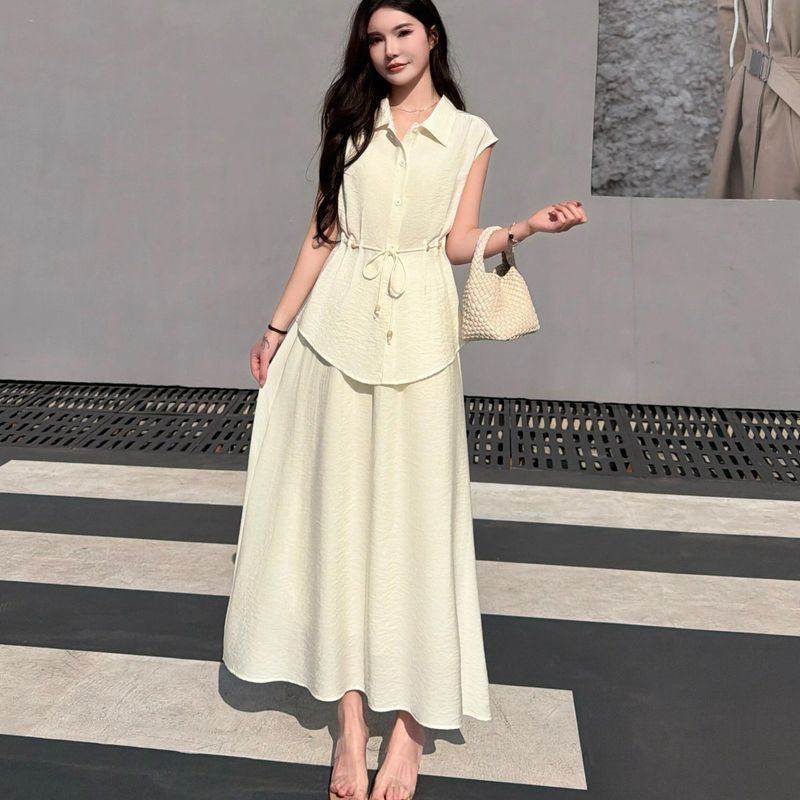 小个子无袖衬衫高腰半身裙两件套女夏季新款收腰显瘦衬衫气质套装