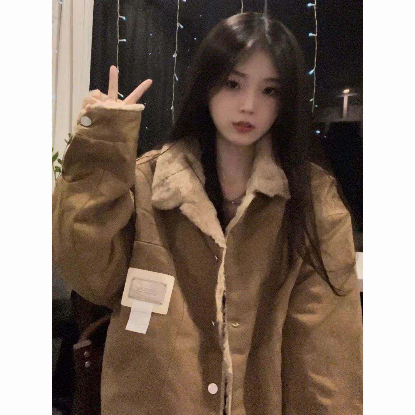 两面穿加厚仿兔毛棉衣外套春季设计感宽松加绒棉衣毛毛夹克女