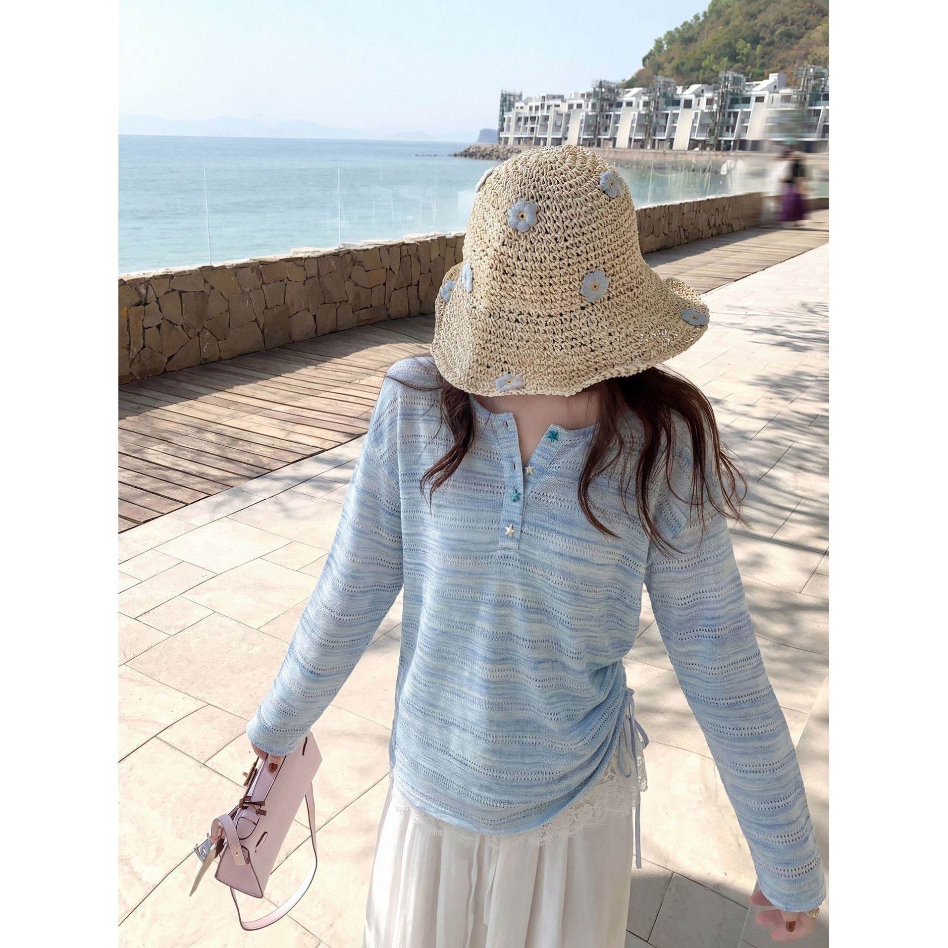 韩系镂空蓝色薄款长袖女夏新款设计感宽松防晒罩衫上衣