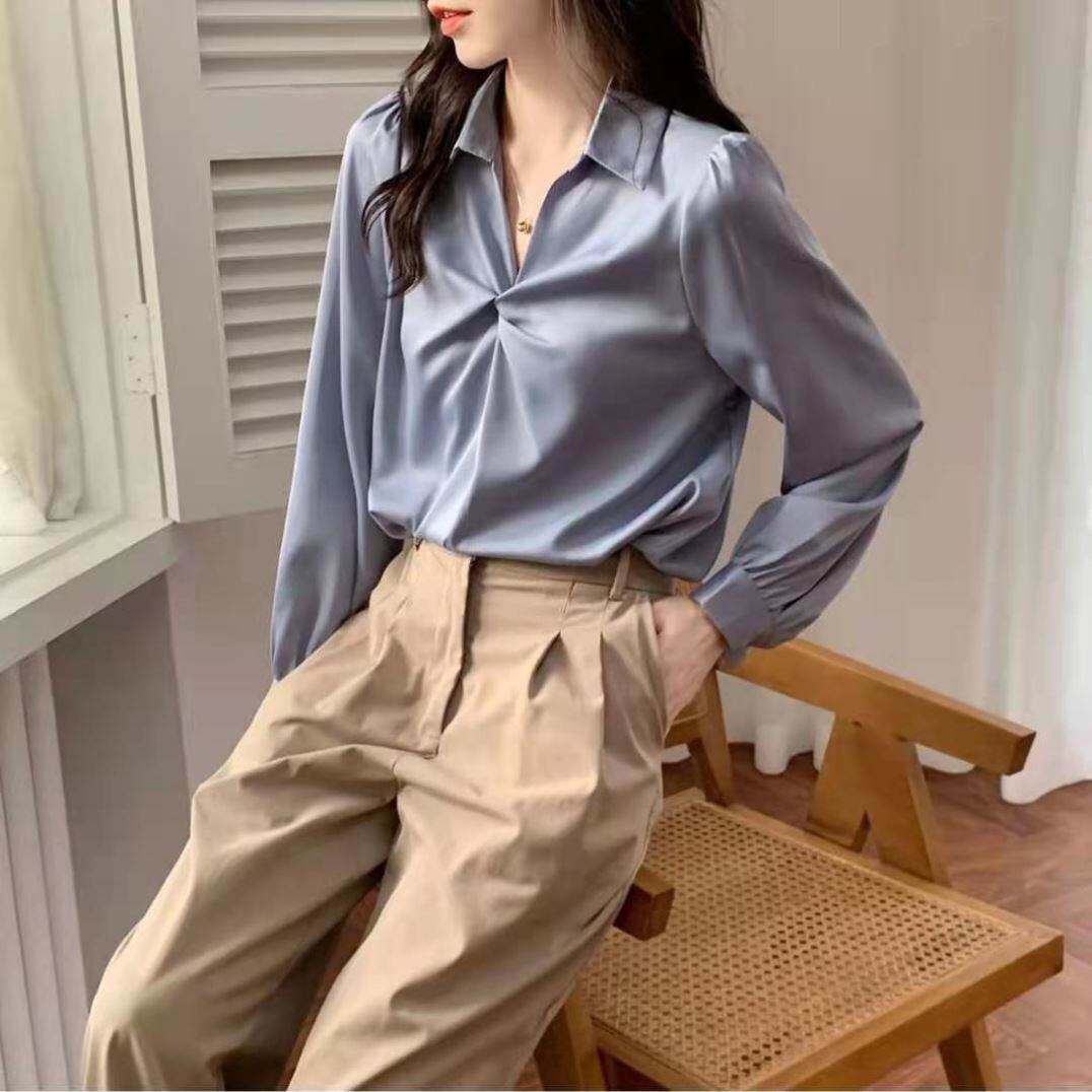2026春季白色缎面扭结衬衫女甜美温柔百搭职业复古港风设计通勤