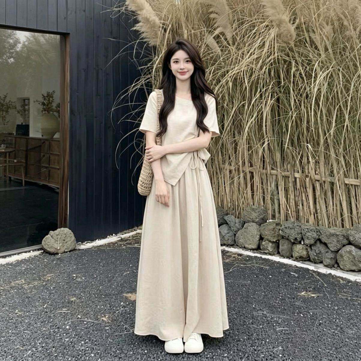 特大码女装夏超火搭配一整套慵懒风收腰短袖T恤半身裙两件套