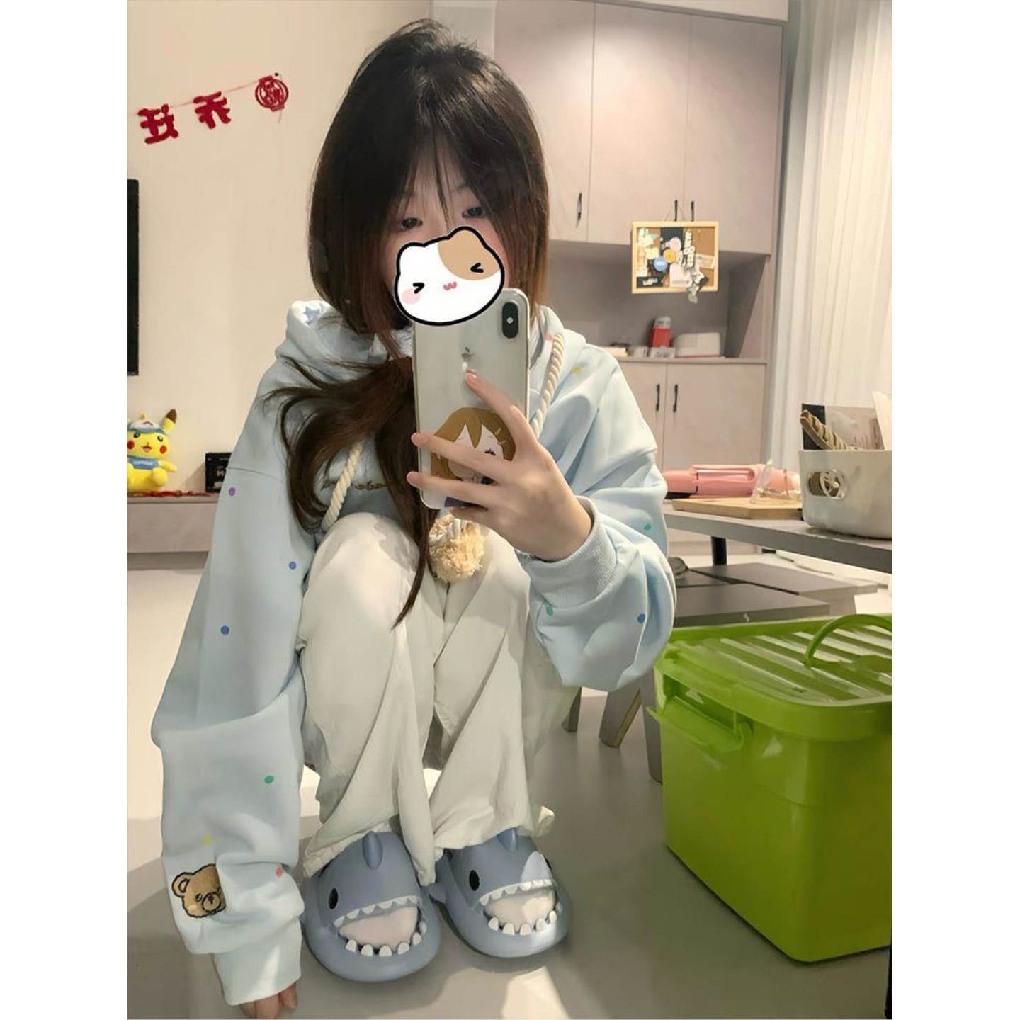 甜美可爱刺绣可拆卸小熊连帽卫衣开衫春季宽松波点外套女