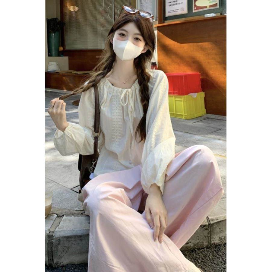 春秋套装女新款刺绣法式灯笼袖系带长袖衬衫+松紧腰简约百搭裤子