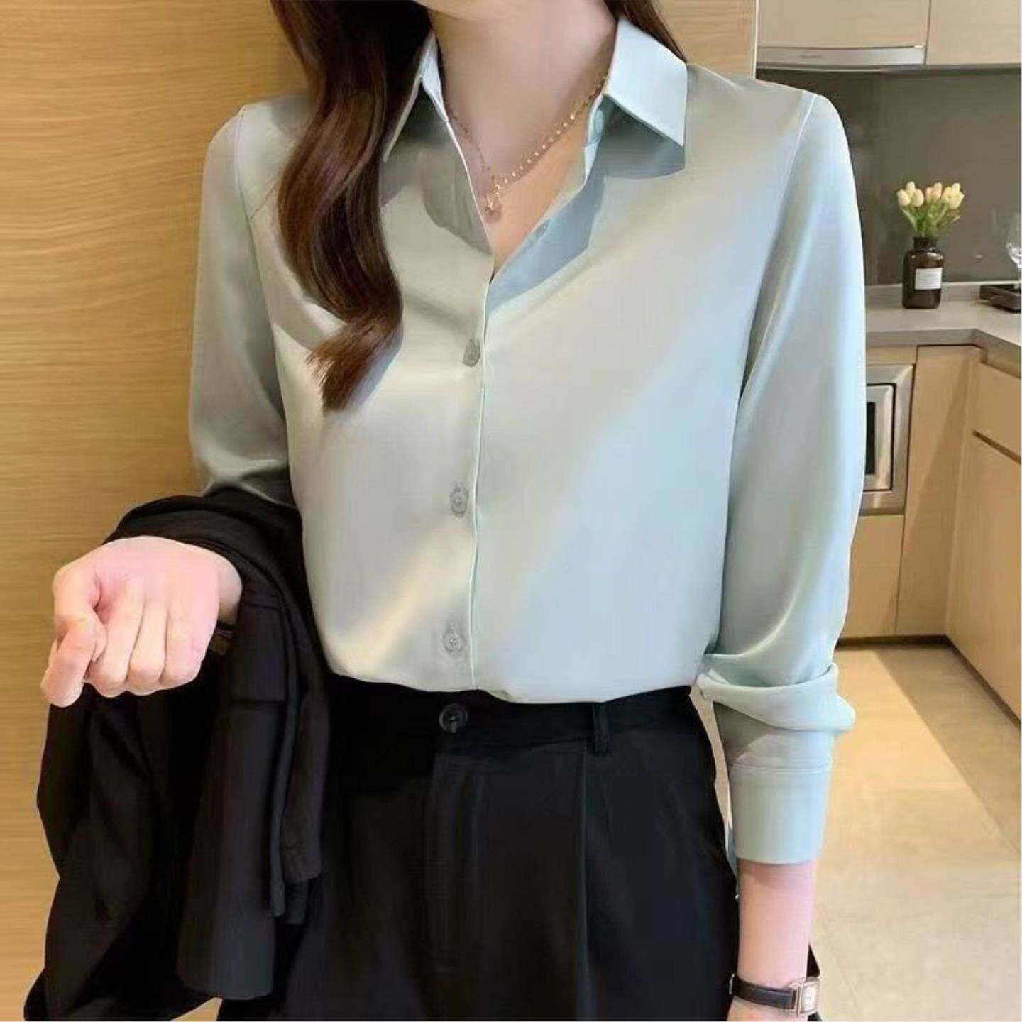 抗皱春夏缎面衬衫女长袖防晒外穿显瘦职业装设计小众宽松衬衣