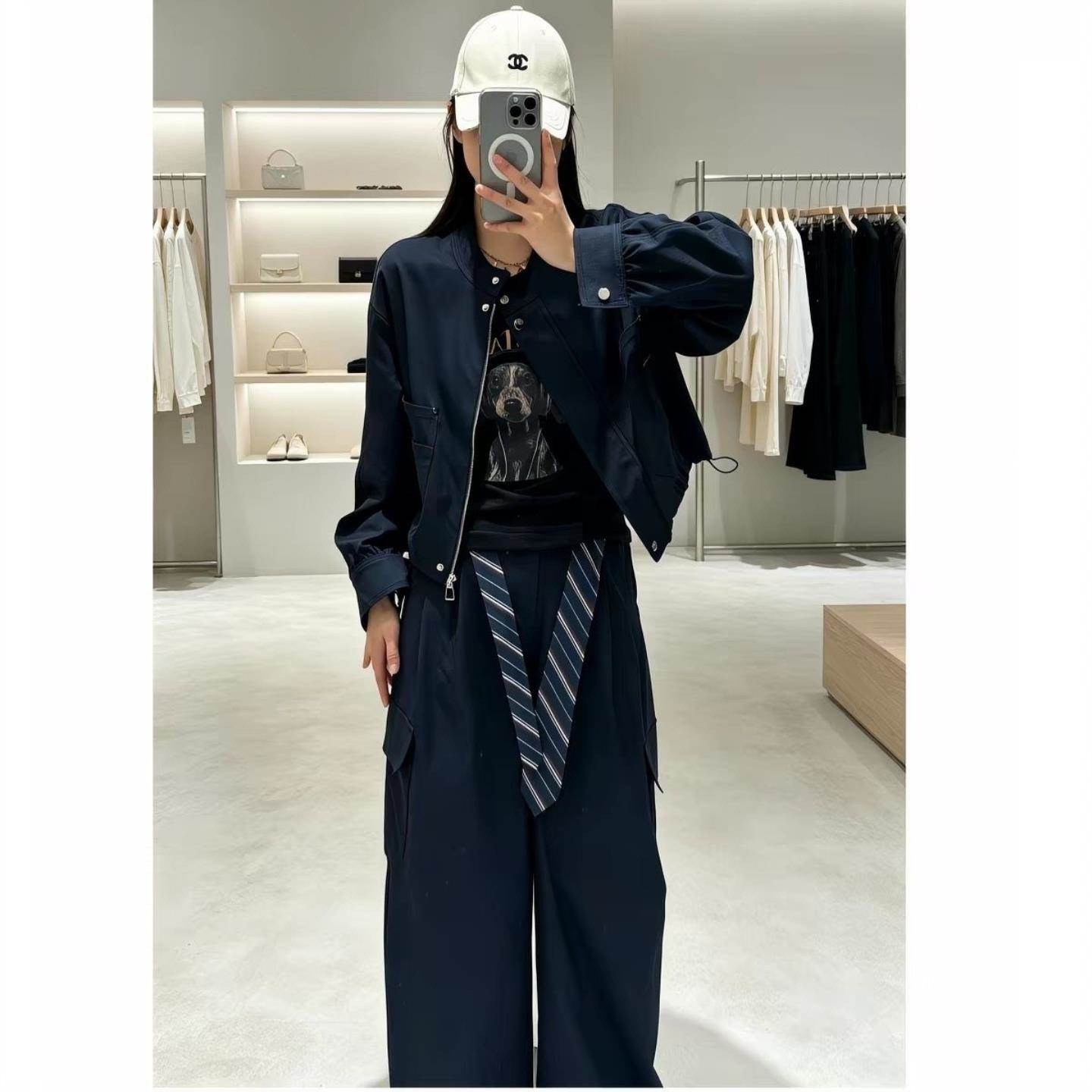 工装风休闲2026春装新款女装时尚套装深蓝色拉链外套阔腿裤两件套