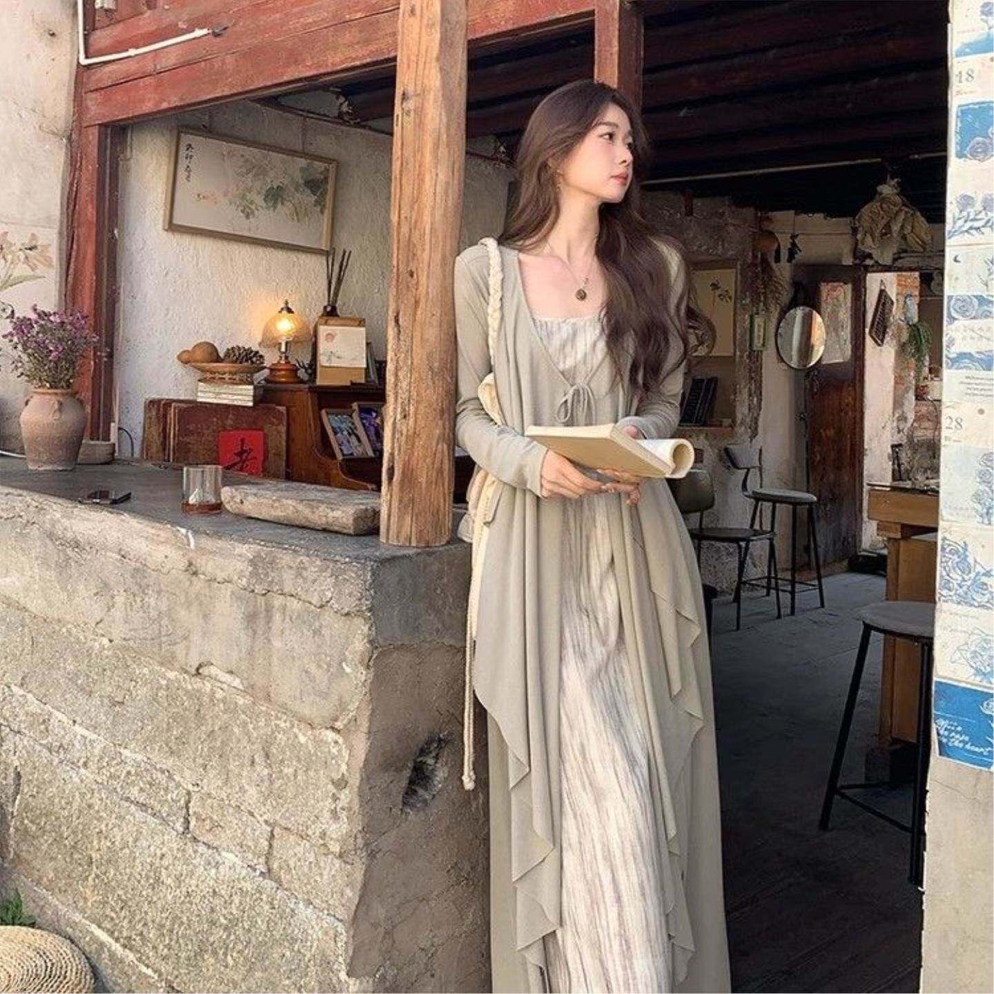 春季新中式套装新款不规则长款开衫吊带连衣裙两件套复古风女装