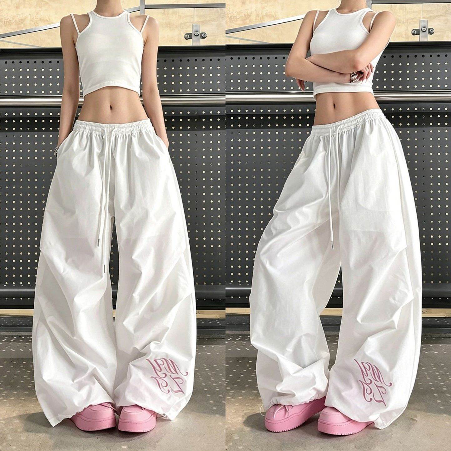 粉色跳舞百搭阔阔腿裤女2026新款爵士显瘦褶皱休闲伞兵裤子