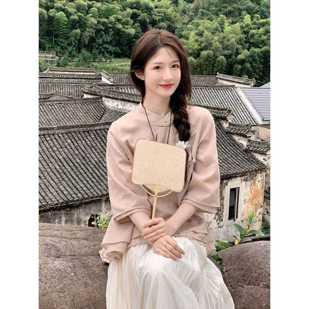 新中式禅意女装汉服禅服茶艺盘扣上衣清冷套装茶服学生班服素衣