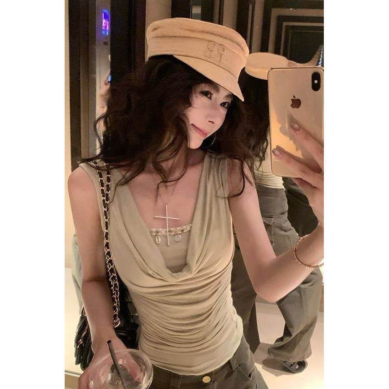 夏季新款辣妹设计感ins收腰无袖t恤女假两件荡领修身百搭短款上衣
