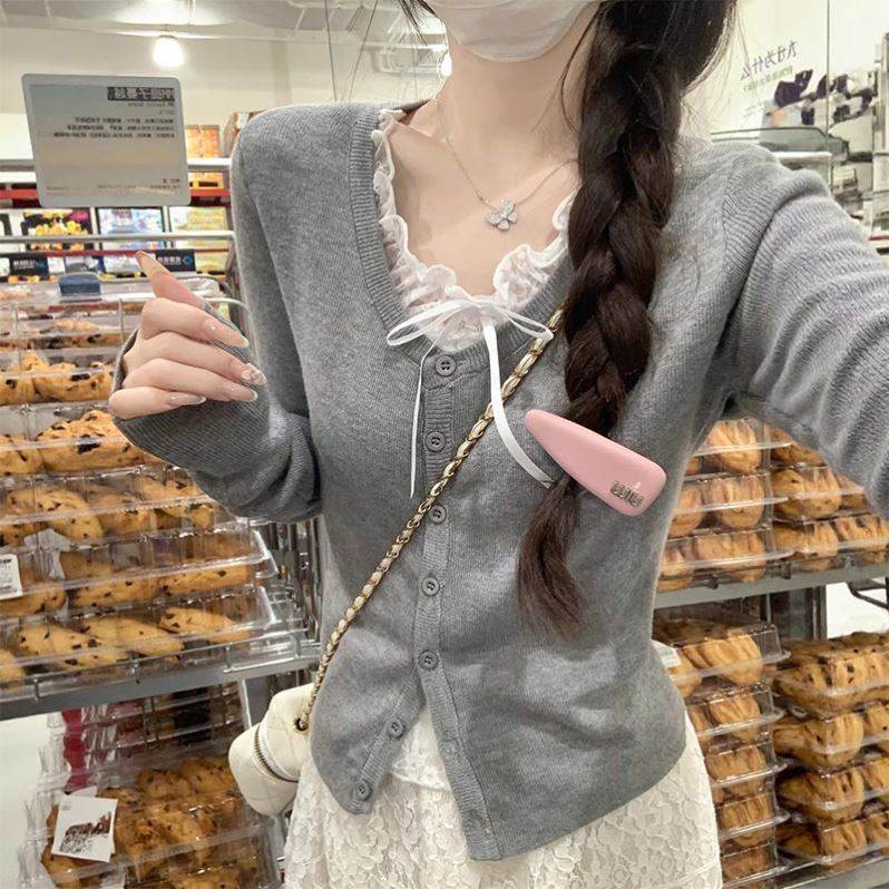 长袖灰色假两件针织开衫蕾丝纯欲风少女正肩上衣修身T恤春秋