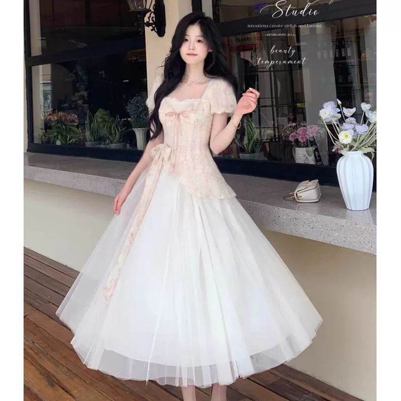 大码夏季甜美假两件网纱拼接短袖连衣裙女胖mm气质显瘦蝴蝶结长裙