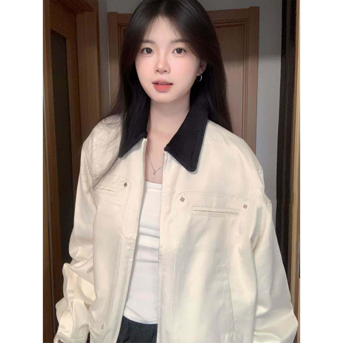 复古巴翻领工装上衣女早秋季新款宽松休闲学生穿搭夹克外套