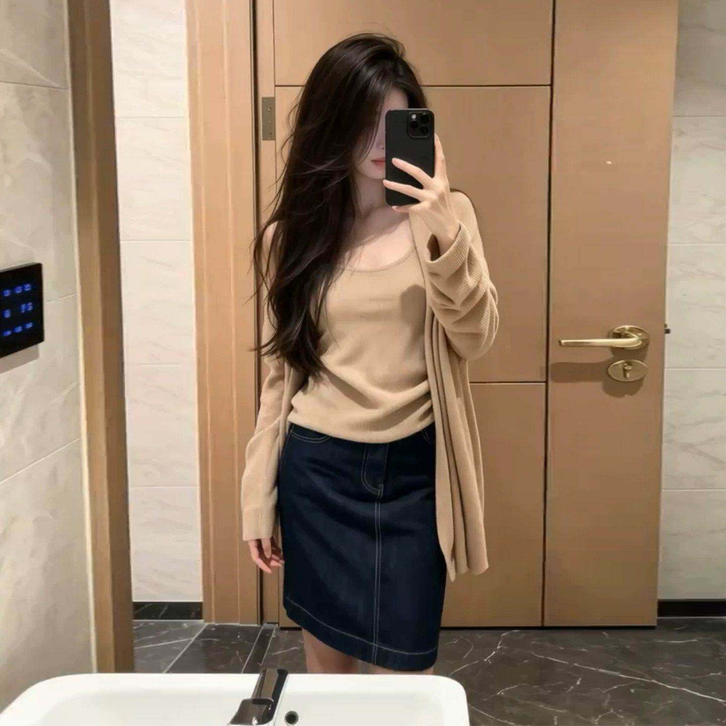韩系穿搭一整套连衣裙子女2026新款春秋针织开衫牛仔裙套装