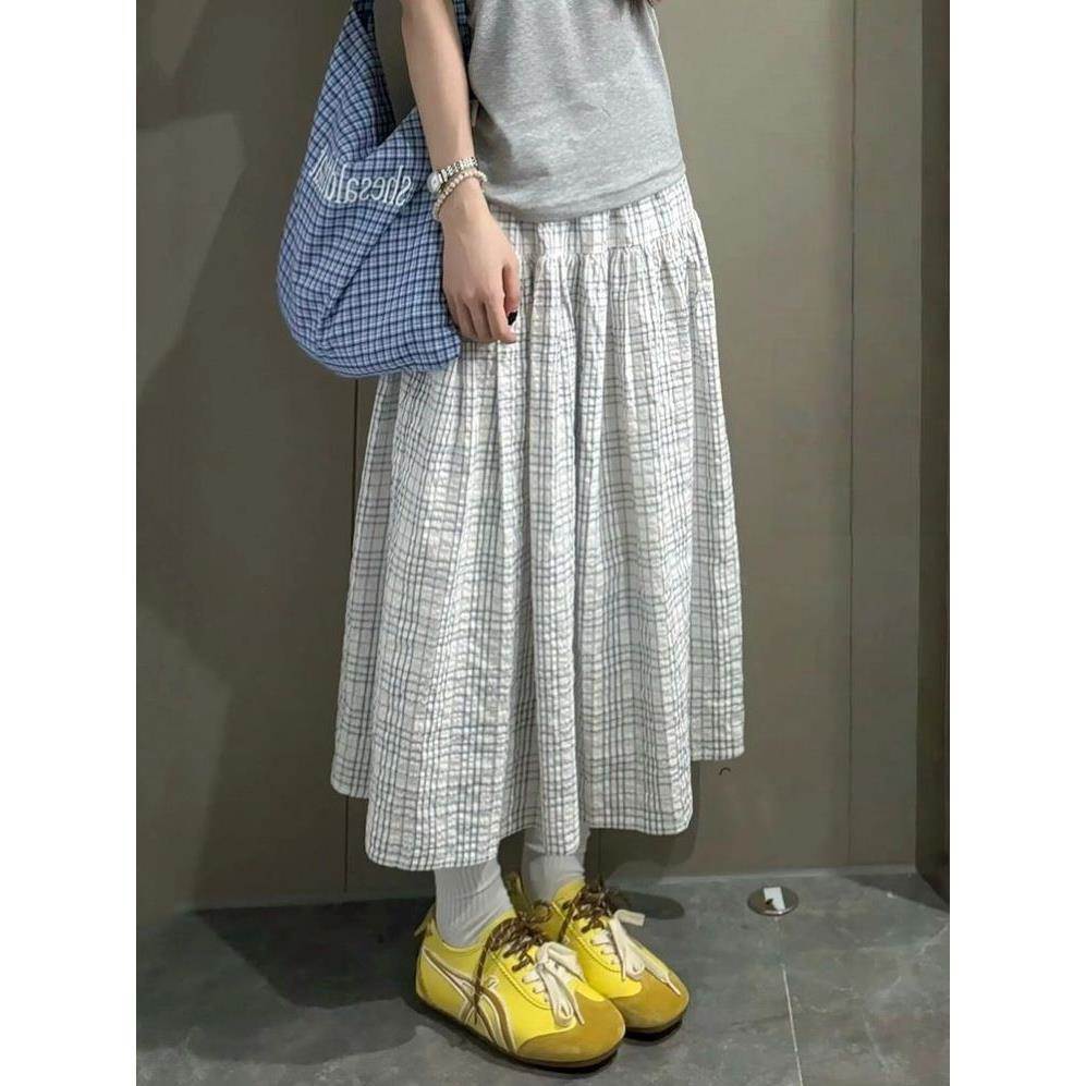 格子半身裙女2026夏季新款法式浪漫A字伞裙文艺中长裙子