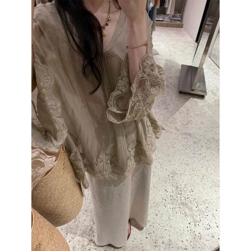 轻奢法式优雅风刺绣蕾丝拼接上衣女修身高腰显瘦半身裙套装组合