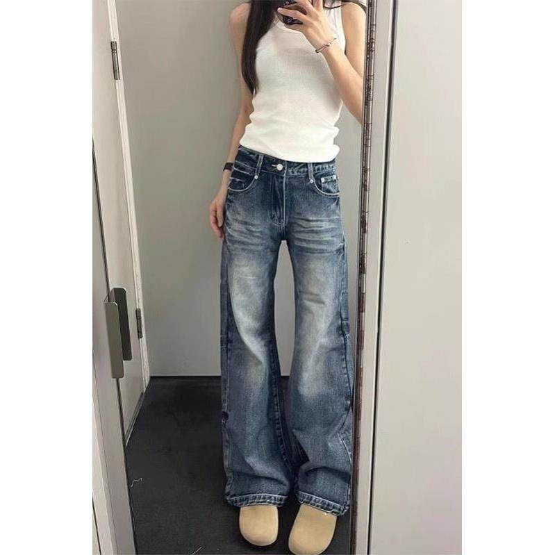 小个子一米五美式辣妹水洗微喇叭牛仔裤女款宽松显瘦直筒阔腿长裤
