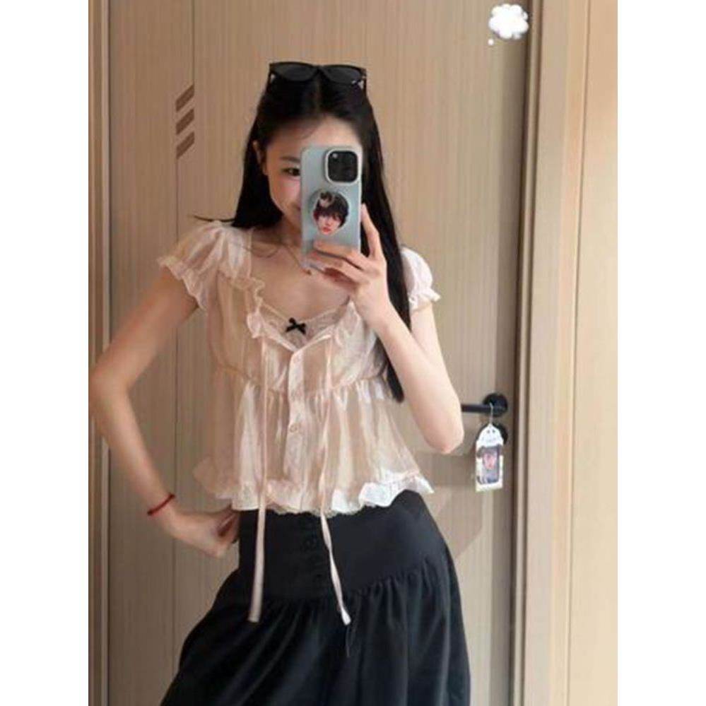 粉色衬衫女2026夏季新款温柔风蕾丝边假两件时尚别致精致减龄上衣