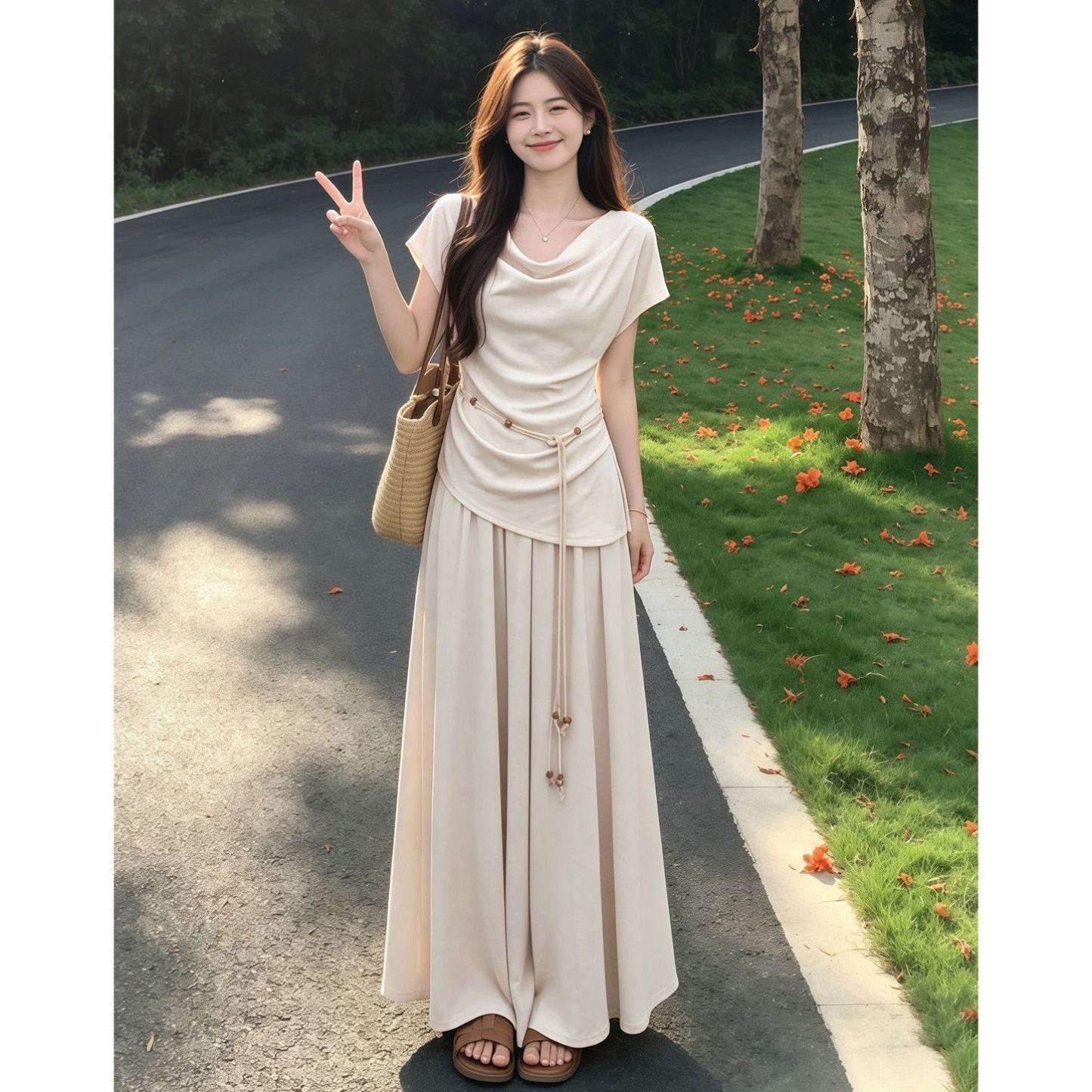 大码胖mm慵懒风休闲一字肩短袖T恤女夏季新款高腰垂感半身裙套装