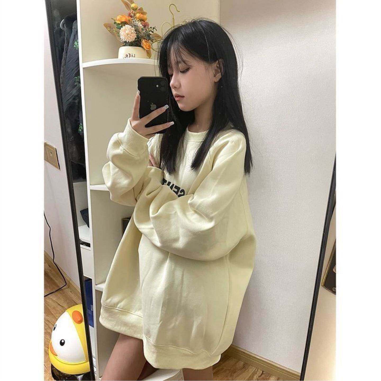 美式字母圆领卫衣女oversize秋冬季设计感小个子学生宽松无帽外套