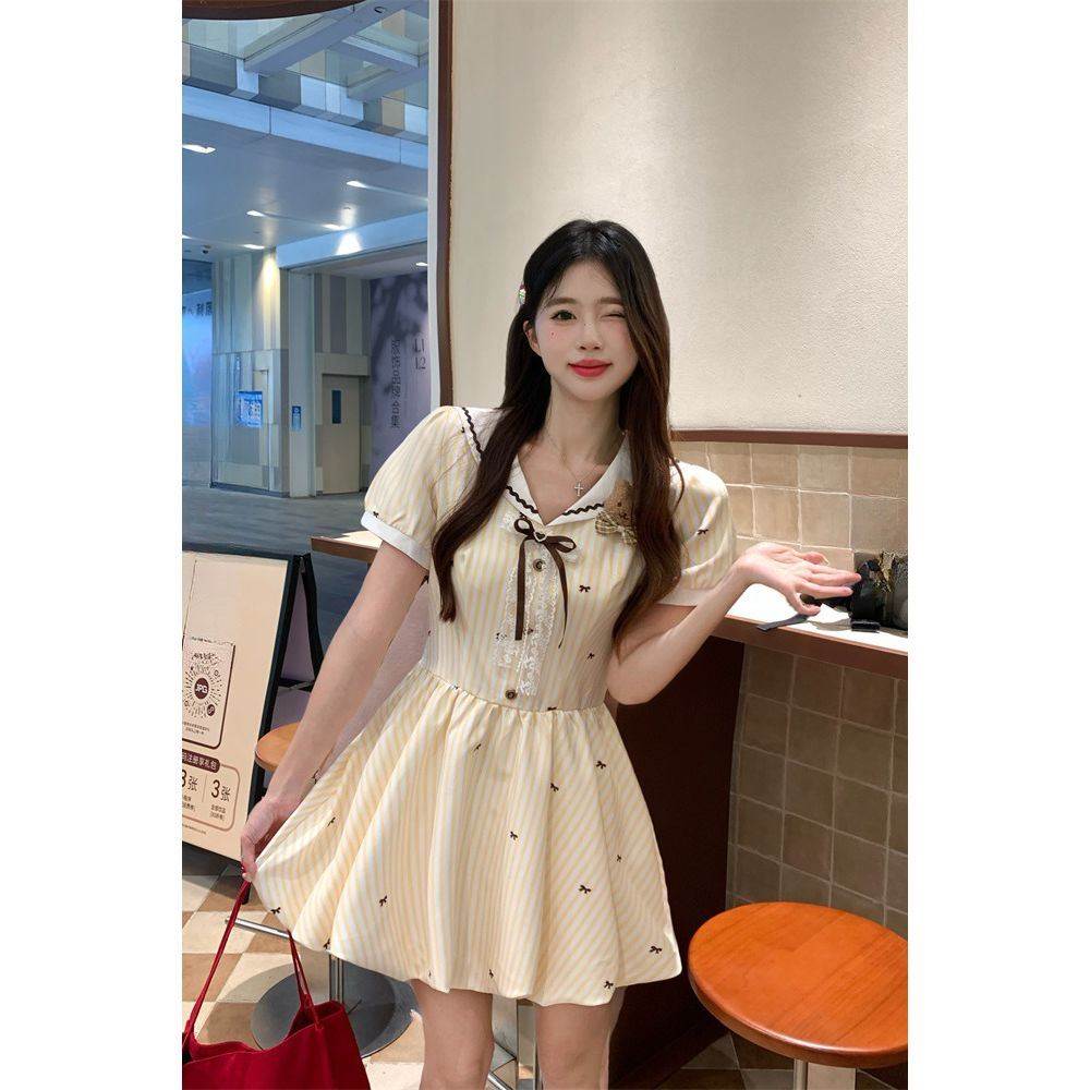 甜美风黄色连衣裙女夏季减龄花苞短裙
