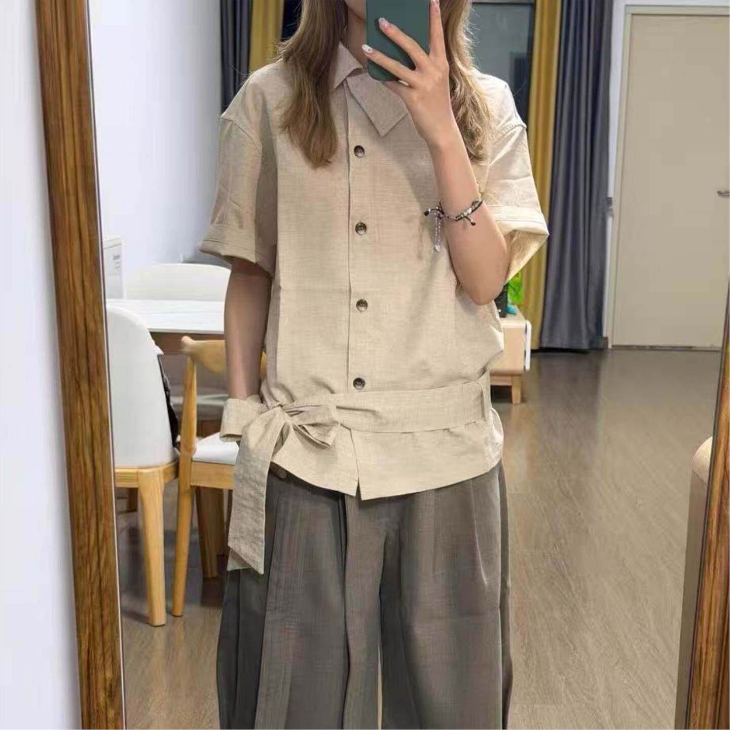 法式短袖衬衫男女夏季小众设计感绑带收腰不规则超仙显瘦别致