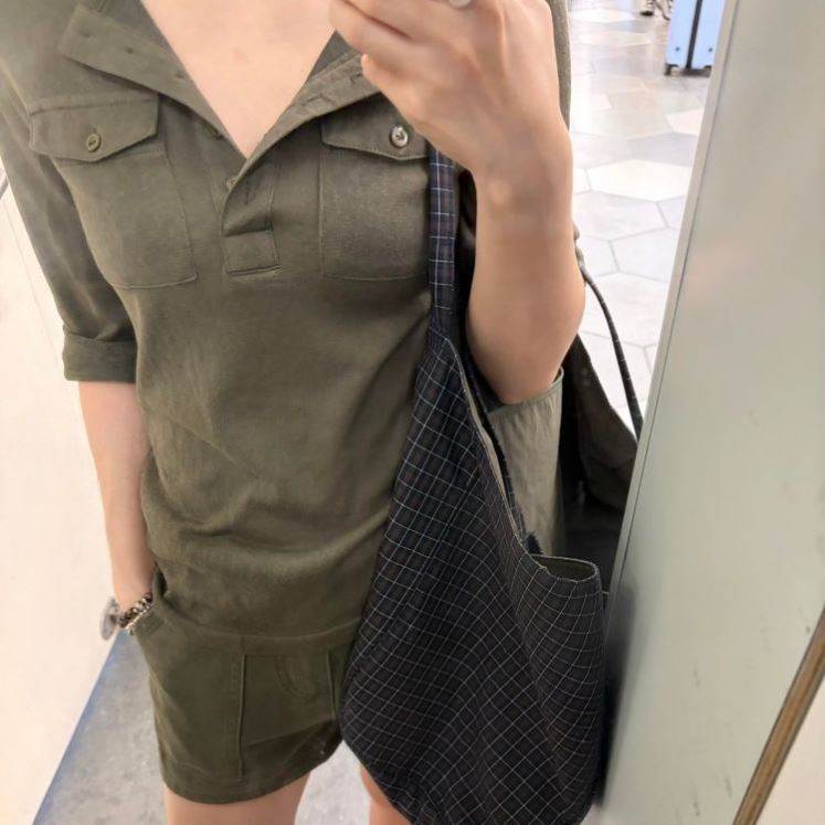 美式辣妹风五分袖T恤女秋季新款工装口袋设计感修身精棉半袖上衣
