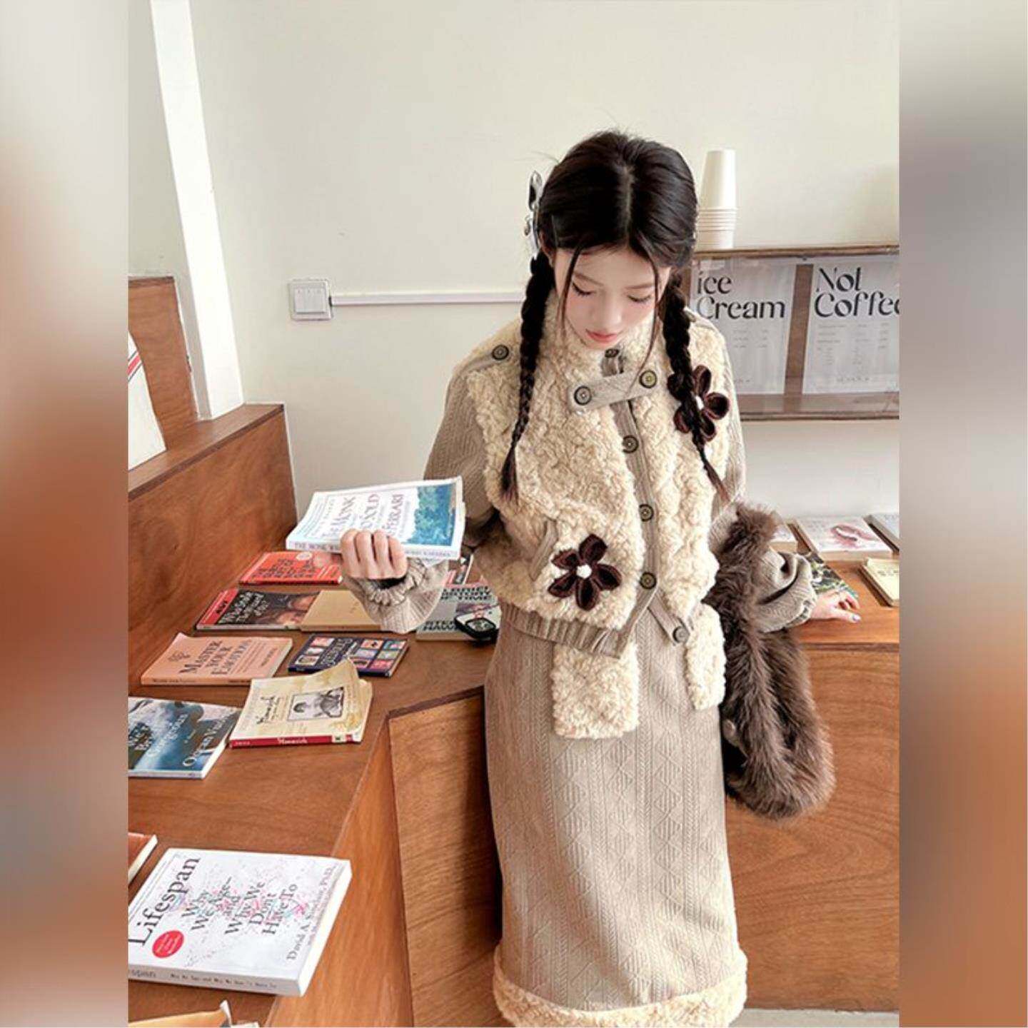 冬季新款洋气甜美减龄毛绒套装小众气质拼接设计感显瘦两件套女装