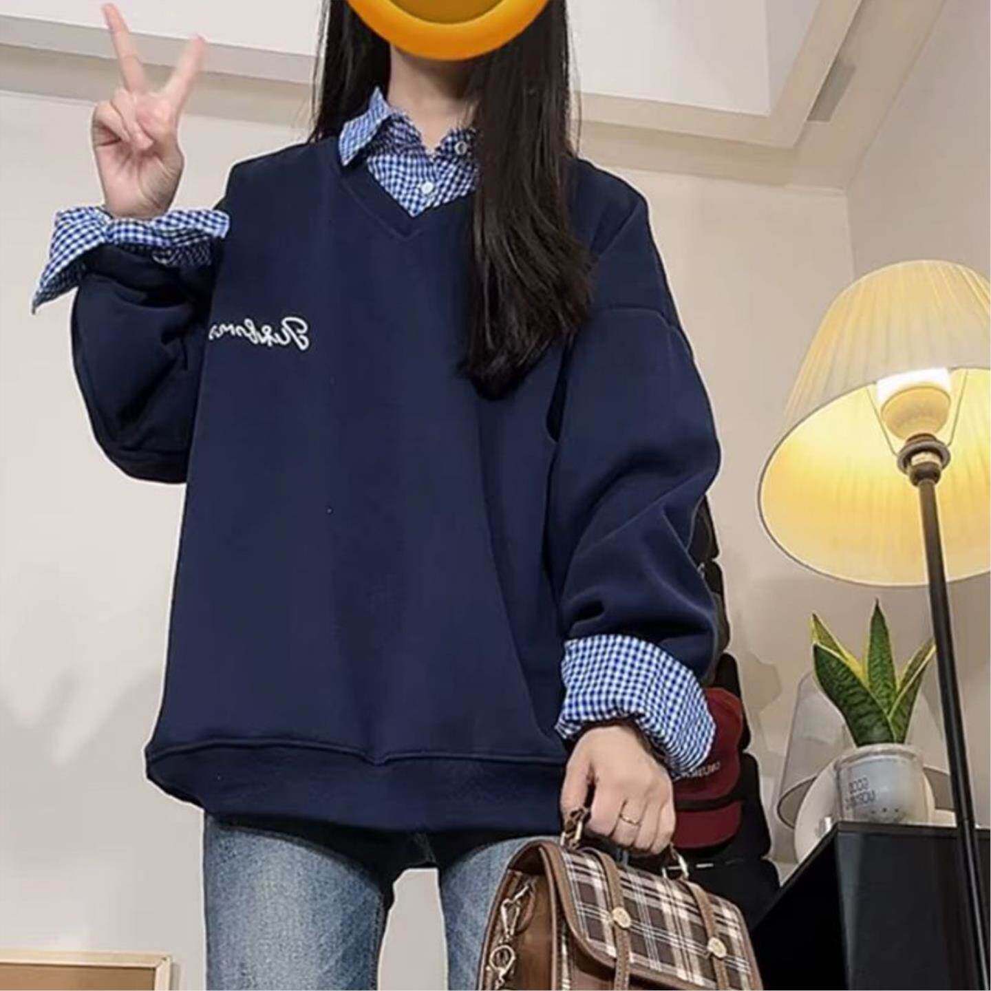 2026秋冬小蓝格拼接假两件加绒卫衣女设计感百搭polo领上衣