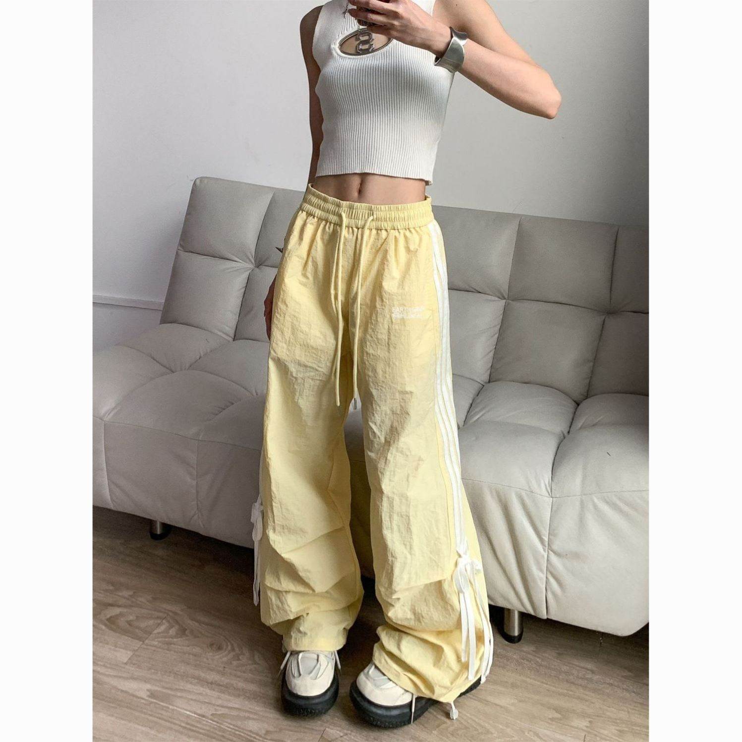 夏季新款奶黄色休闲工装裤口袋收腰直筒裤运动裤子女